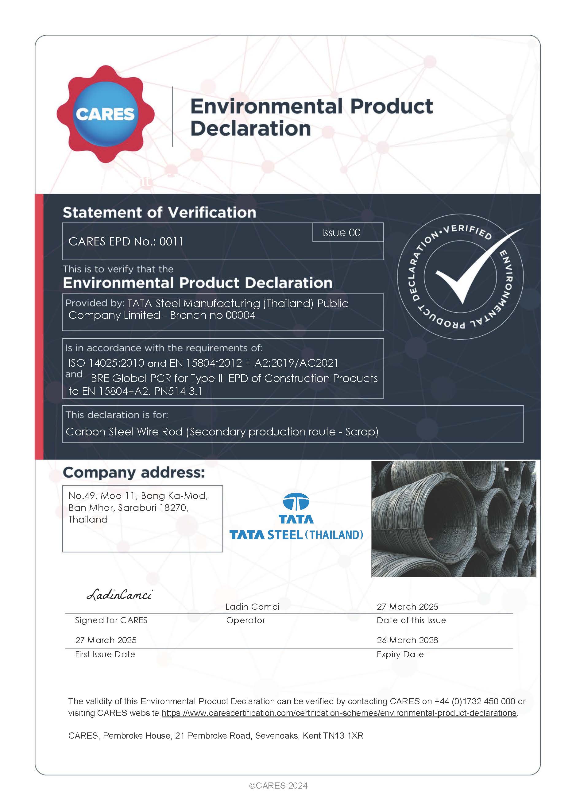TATA Steel Manufacturing (Thailand) Branch no TSMT04 EPD